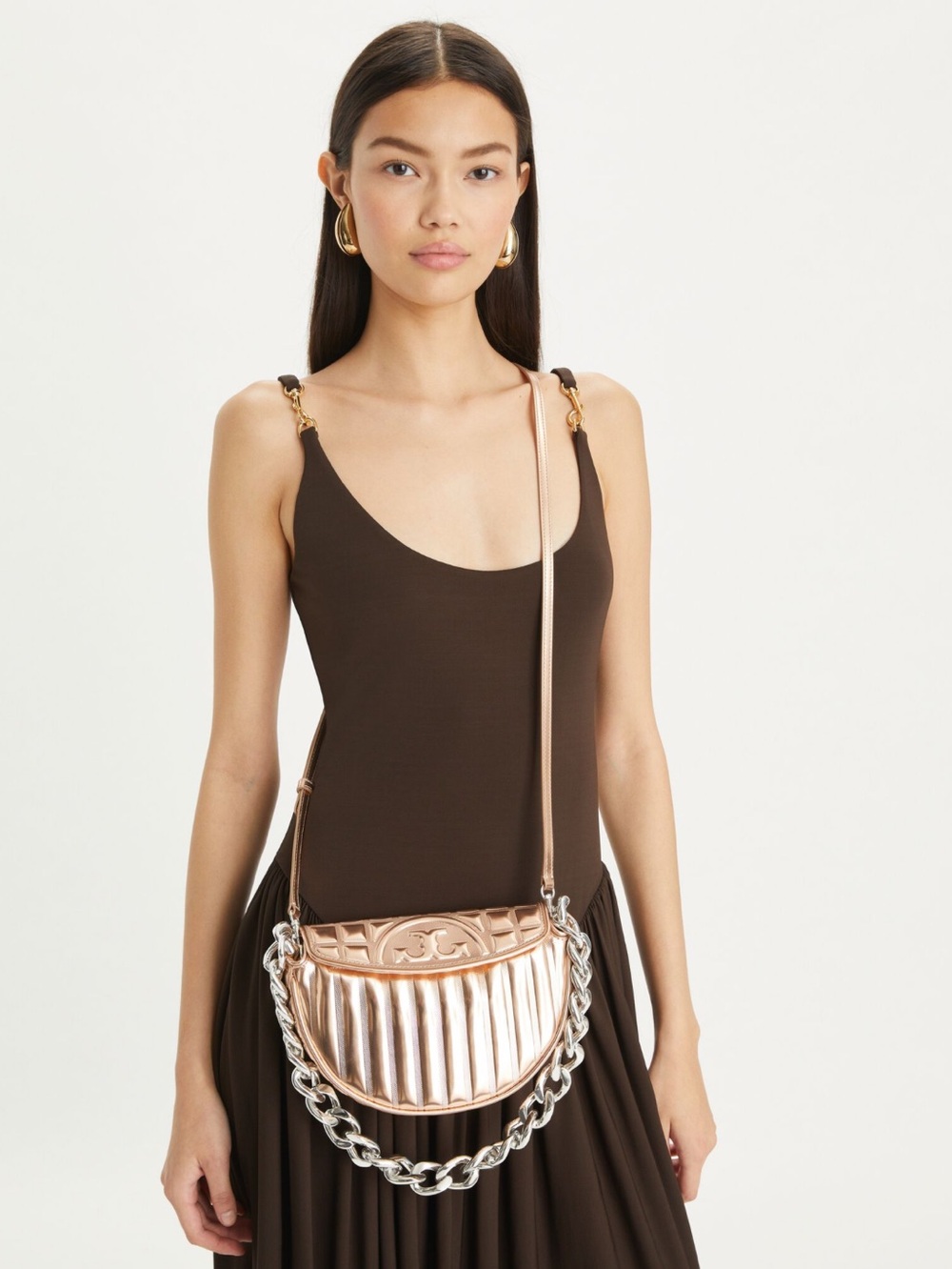 Tory Burch Metallic Rose Gold Quilted Crescent Crossbody